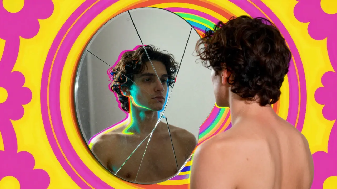 Zrcadlo ukazující rozdíl mezi digitálně retušovaným obrazem a realitou v barevném stylu.