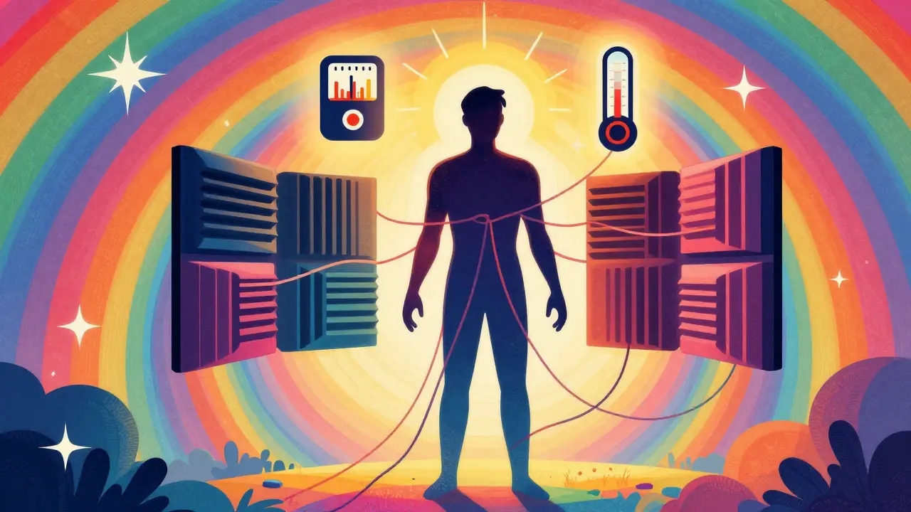 Abstraktní postava chráněná senzory v barevném psychedelickém stylu
