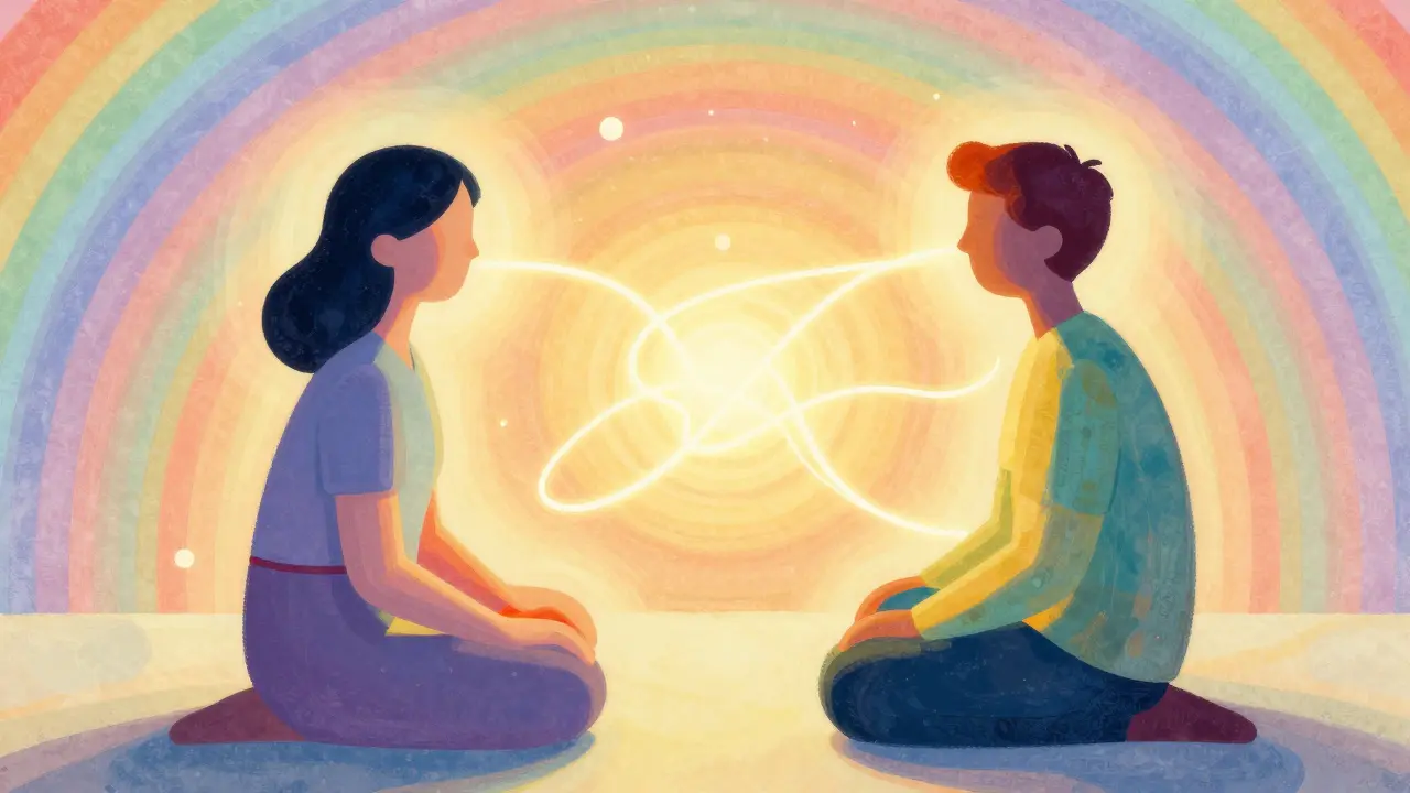 Abstraktní postavy spojené energií důvěry v psychedelickém stylu