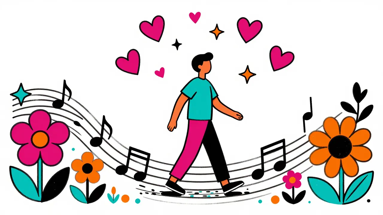 Barevná ilustrace cesty k emoční rovnováze a růstu ve stylu Peter Max