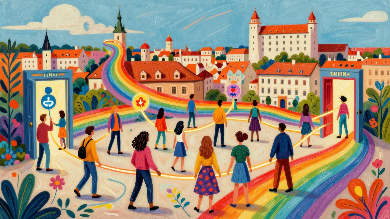 Barevná ilustrace propojení lidí prostřednictvím terapie v cizím jazyce