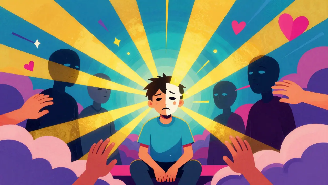 Barevná ilustrace teenagera překonávajícího tlak společnosti pomocí podpory