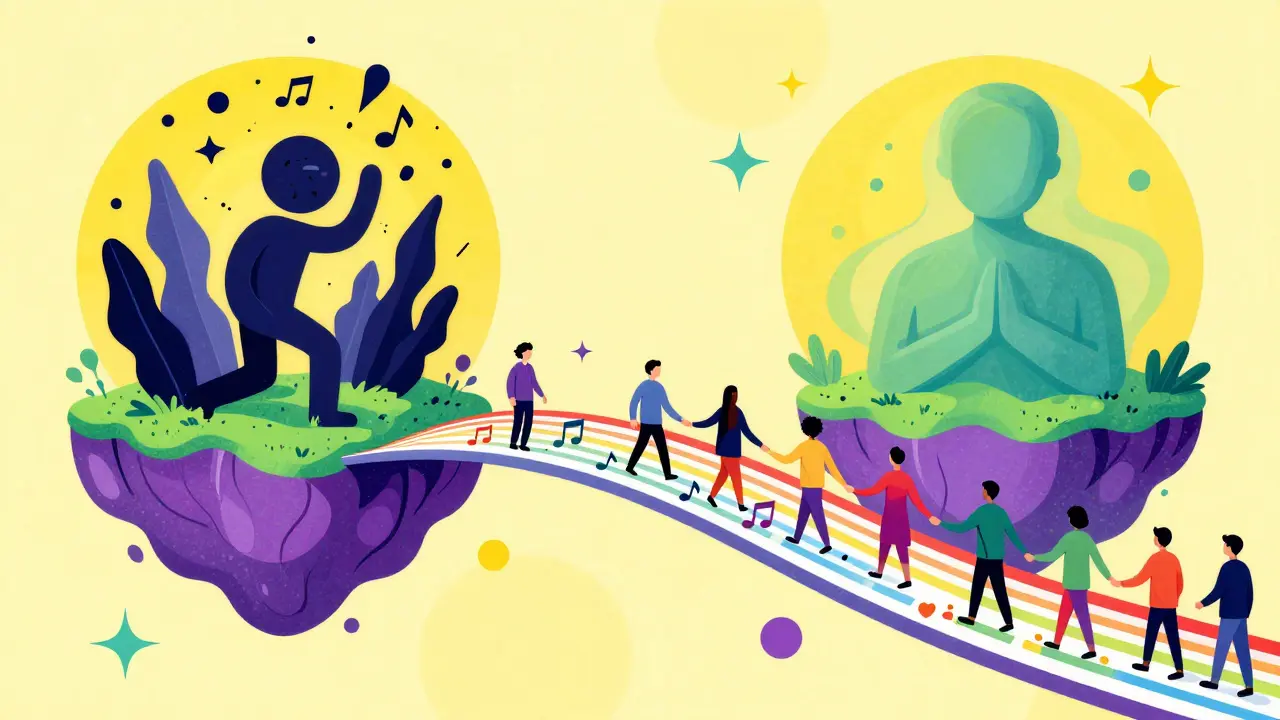 Barevný most terapeutické podpory spojuje ostrovy emocí a klidu v psychedelickém stylu.
