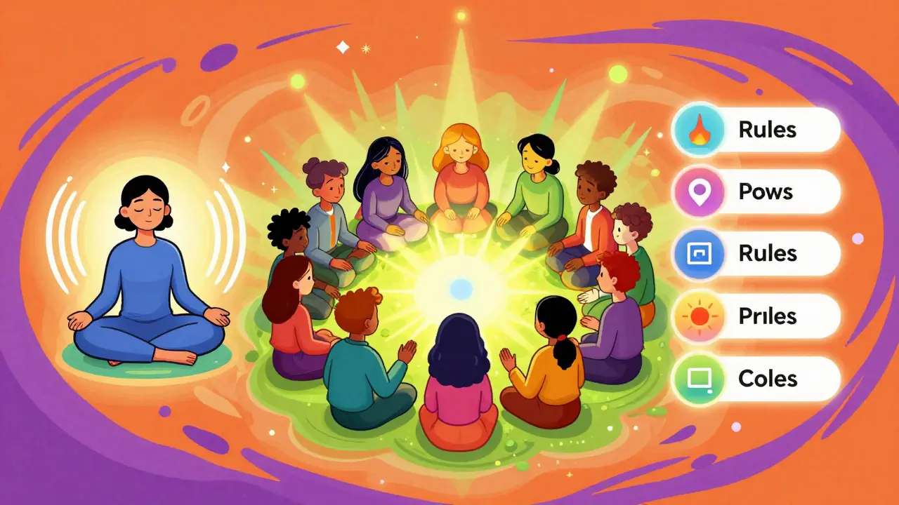 Kresba fáze rituálu: meditace, sdílení a stanovení pravidel