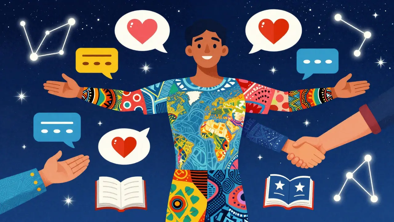 Optimistická ilustrace integrované terapie s mozaikou globálních vzorů a hvězdnou oblohou.