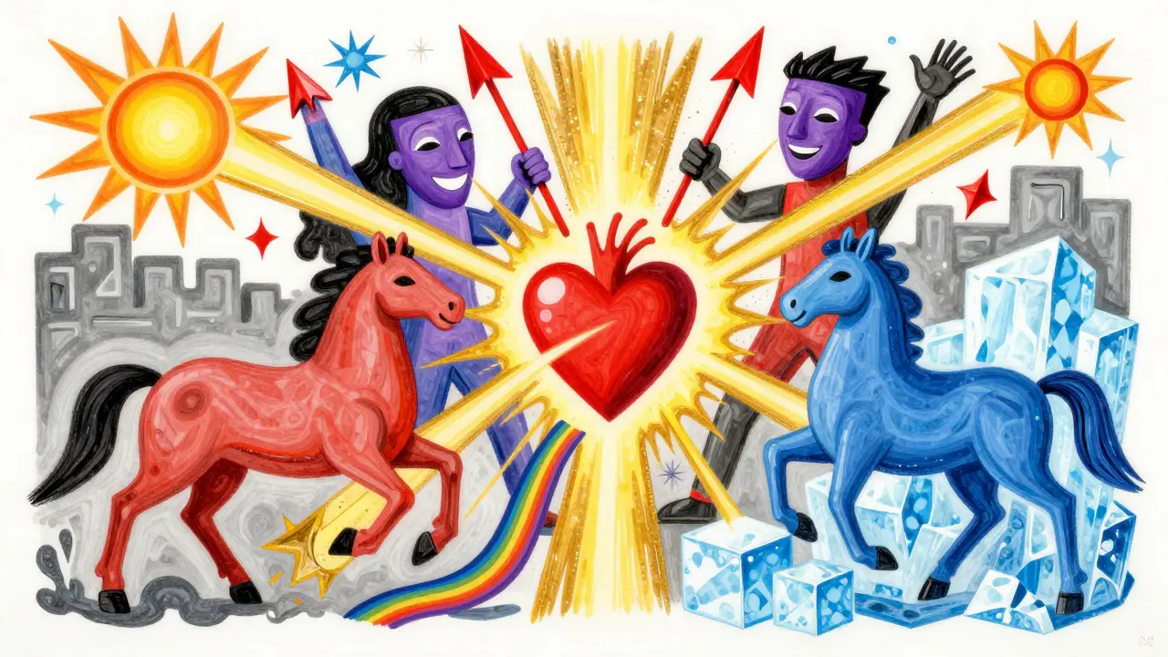 Abstraktní představa čtyř jezdců apokalypsy a lásky ve stylu Peter Max