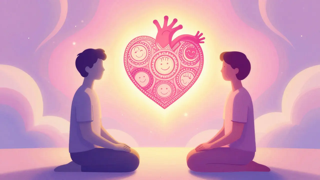 Dvě postavy sdílející důvěru a teplo v psychedelickém stylu
