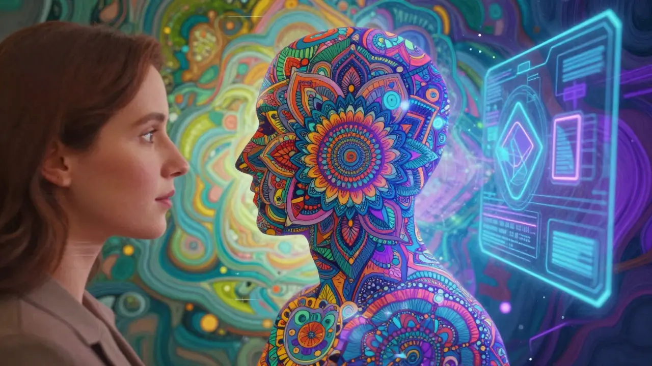 Futuristická ilustrace v stylu Peter Max zobrazuje hybridní modely psychoterapie