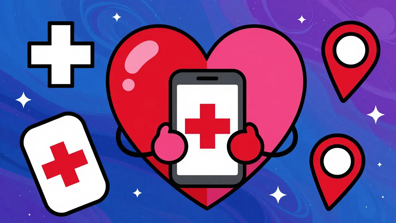 Ilustrace aplikace Záchranka s srdcem a symboly první pomoci