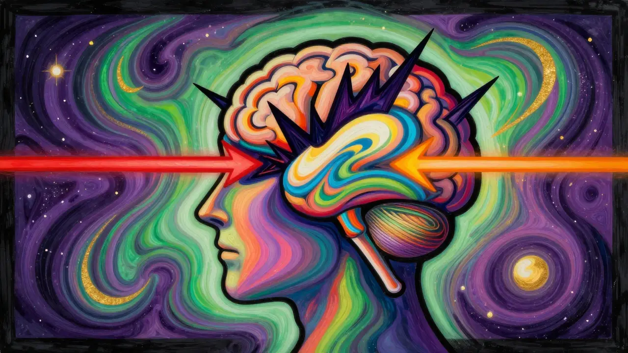 Kreativní ilustrace mozku zpracovávajícího traumata pomocí bilaterální stimulace v psychedelickém stylu