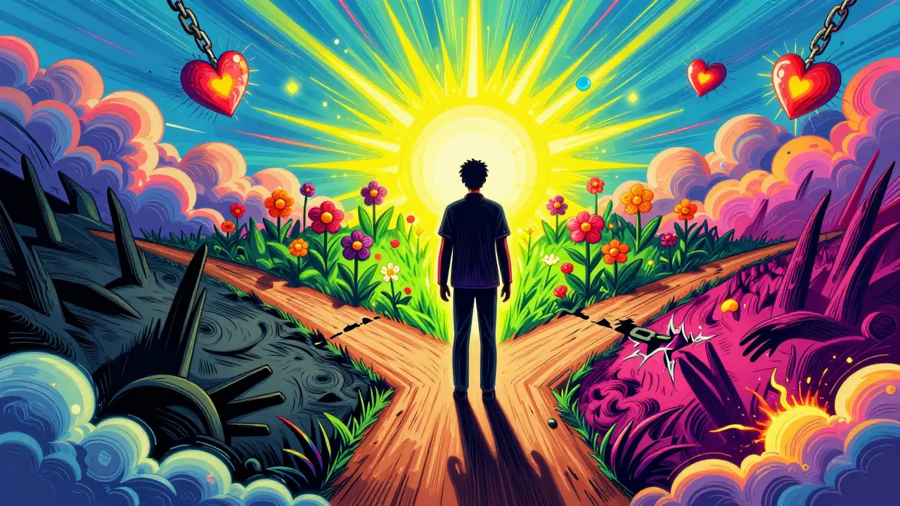 Postava u rozcestí zdravé a nezdravé spirituality v stylu Peter Max