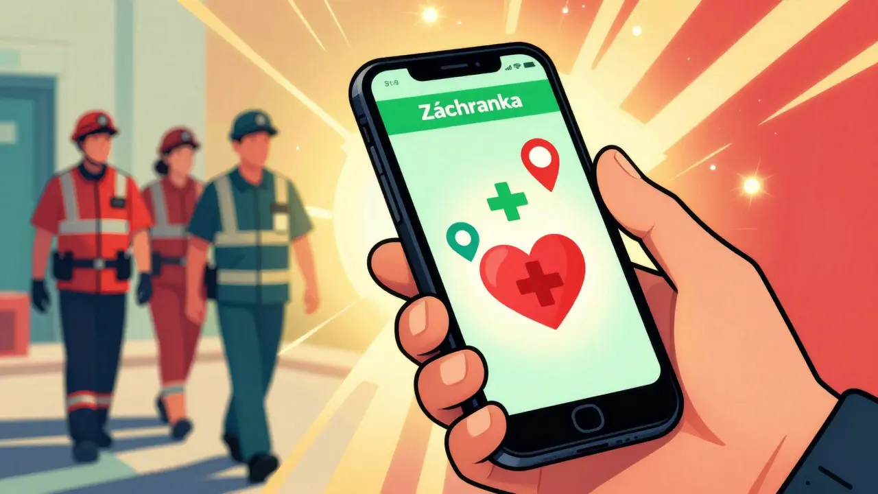 Ruka s telefonem emitujícím záře první pomoci a navigace k záchranářům