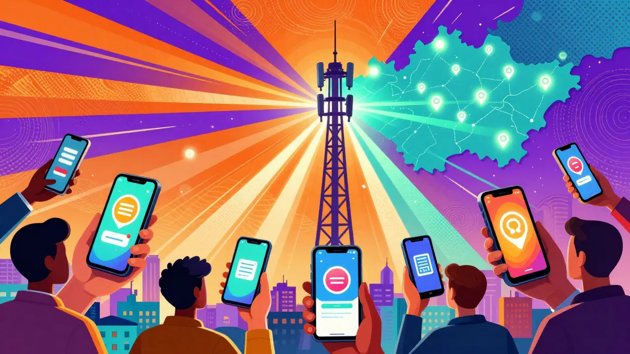 Stylizovaná věž vysílající barevné signály varování na mobily v městské krajině