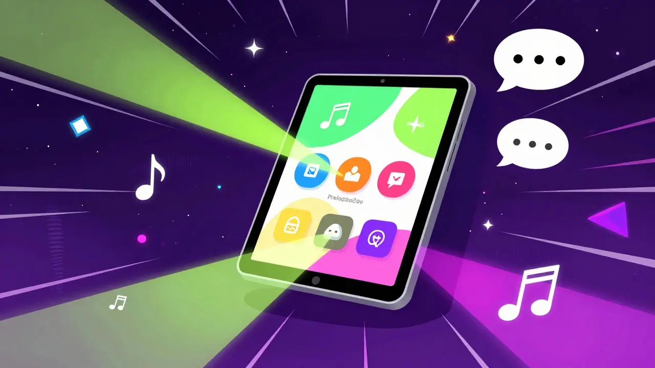 Tablet s ikonami pro komunikaci obklopený neonovými paprsky