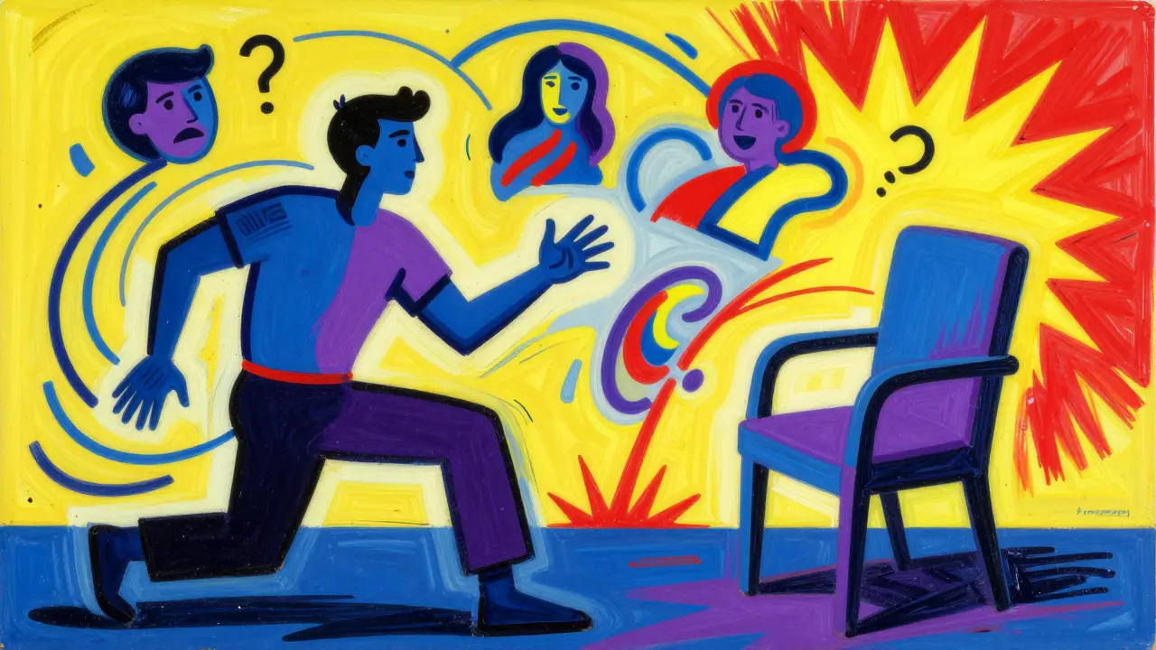 Dynamická ilustrace gestalt terapie s prázdnou židlí ve stylu Peter Max
