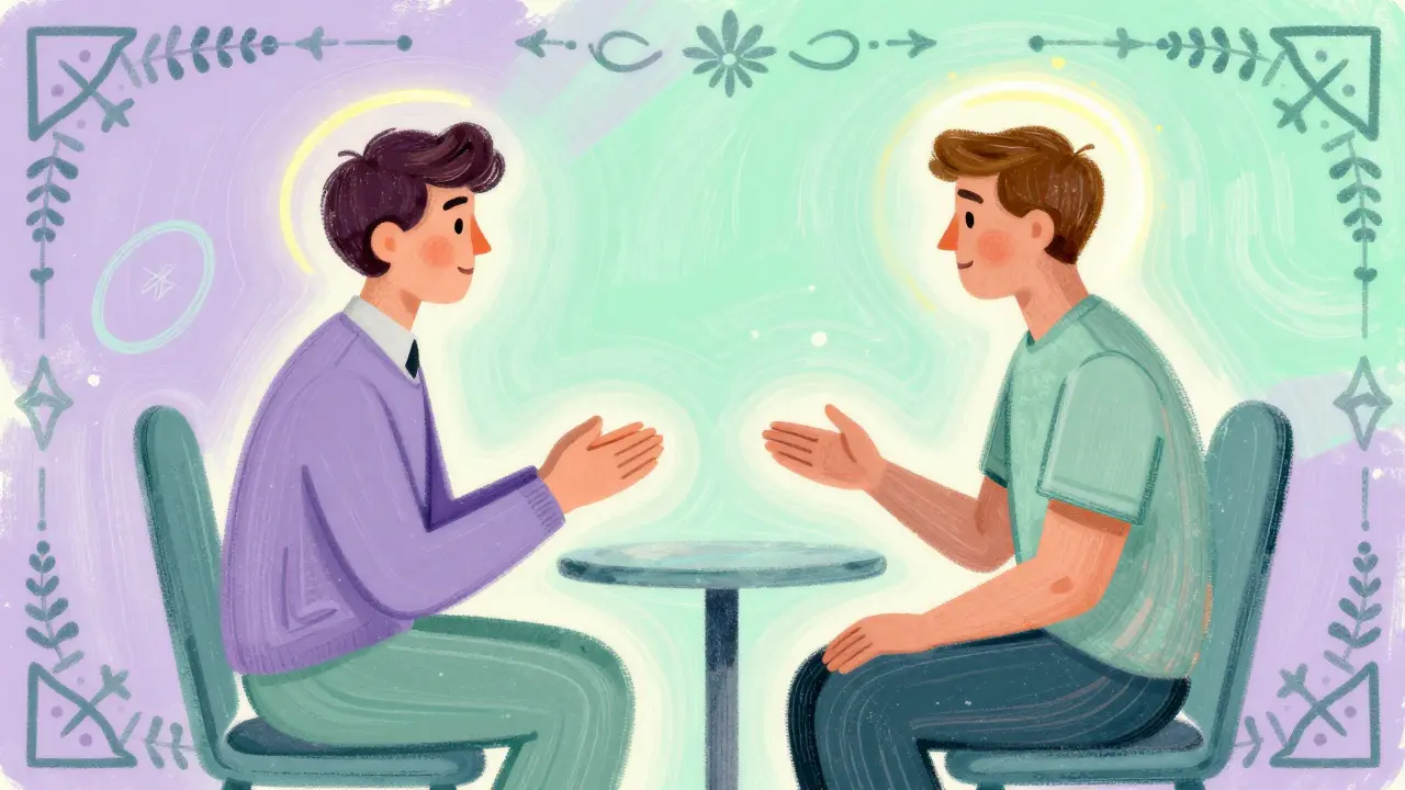 Ilustrace empatie a přijetí mezi terapeutem a klientem v barevném stylu.
