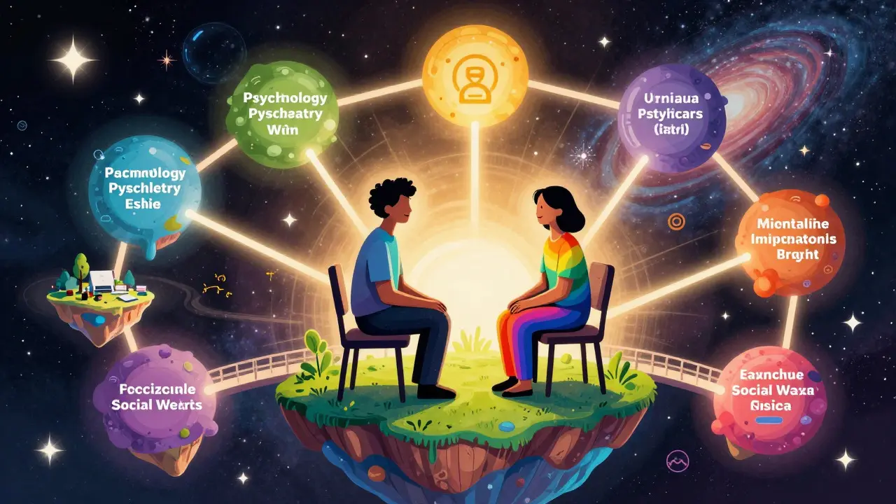 Ilustrace terapeuta a klienta na mostě světla spojujícím různé disciplíny péče