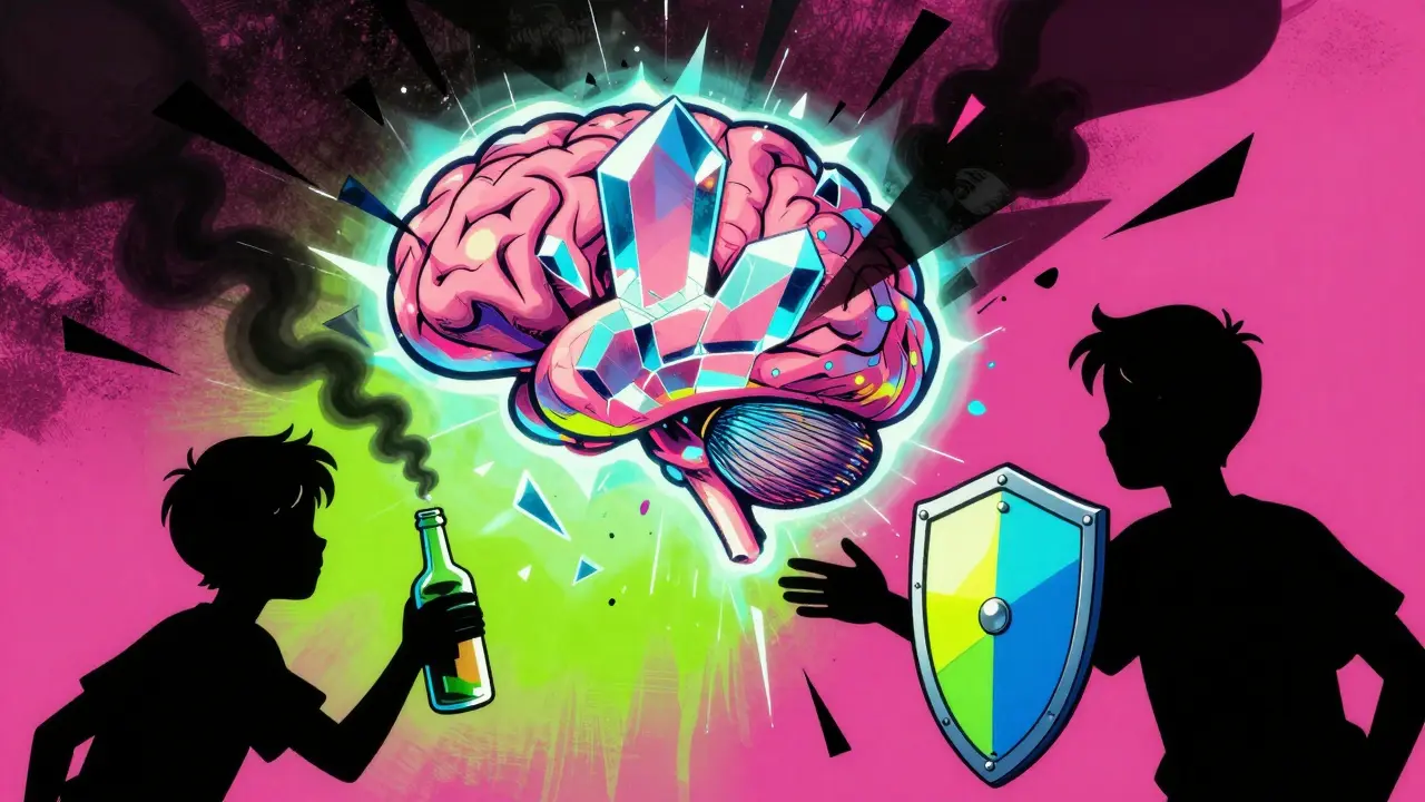 Kresba dospívajícího mozku hrozícího poškozením v psychedelickém stylu