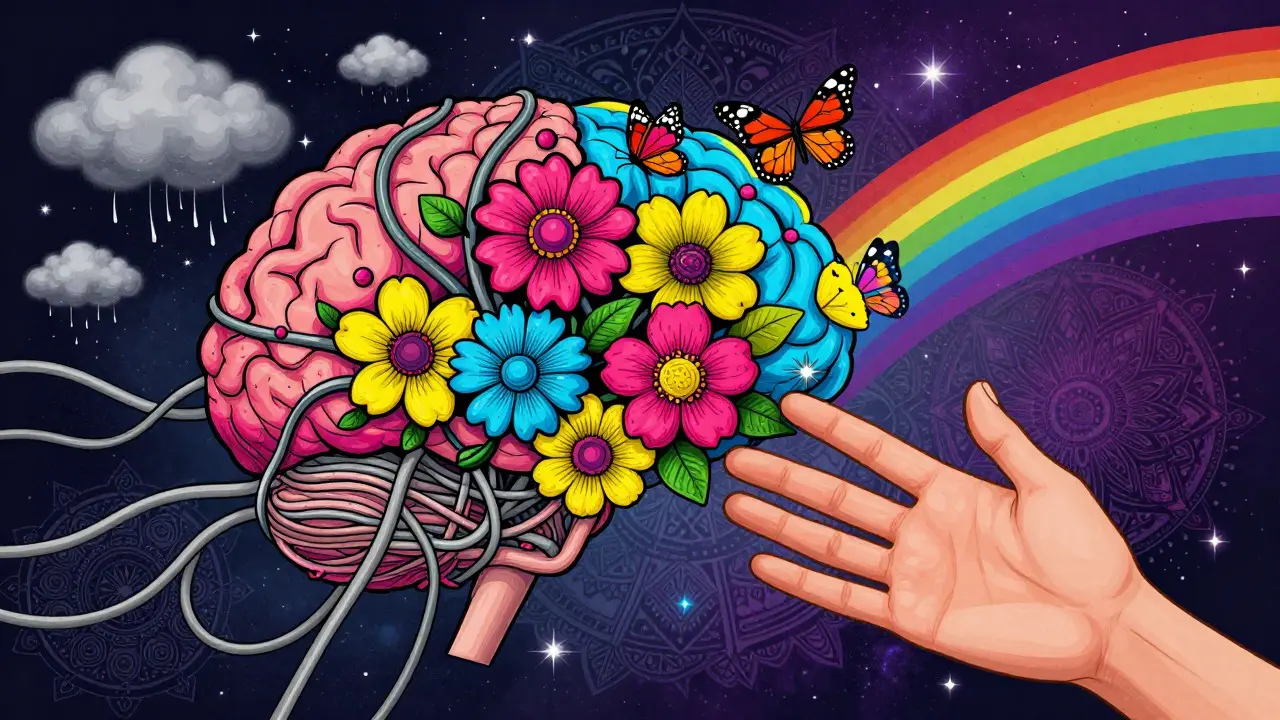 Mozeň kvete do květin a motýlů v psychedelickém stylu