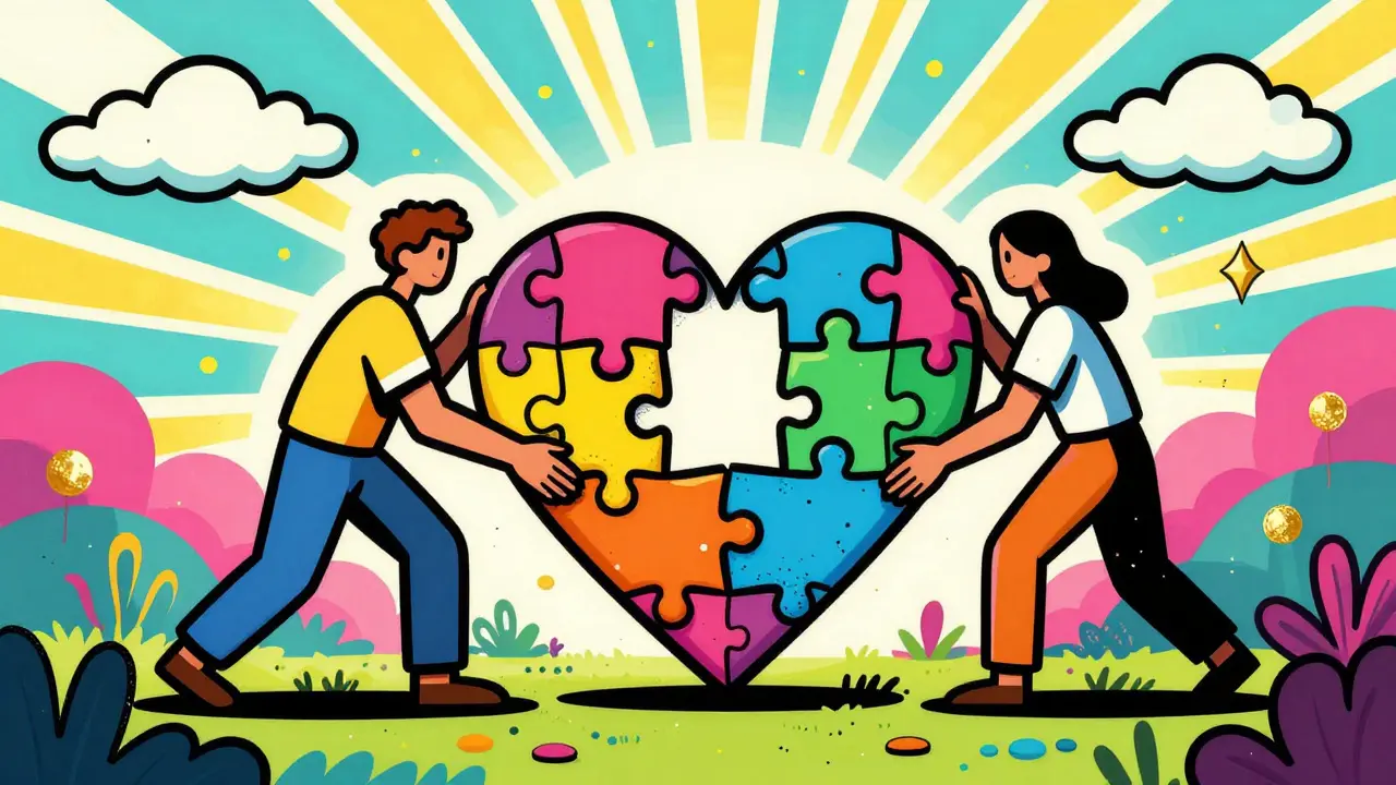 Pár skládá barevný srdcový puzzle symbolizující důvěru