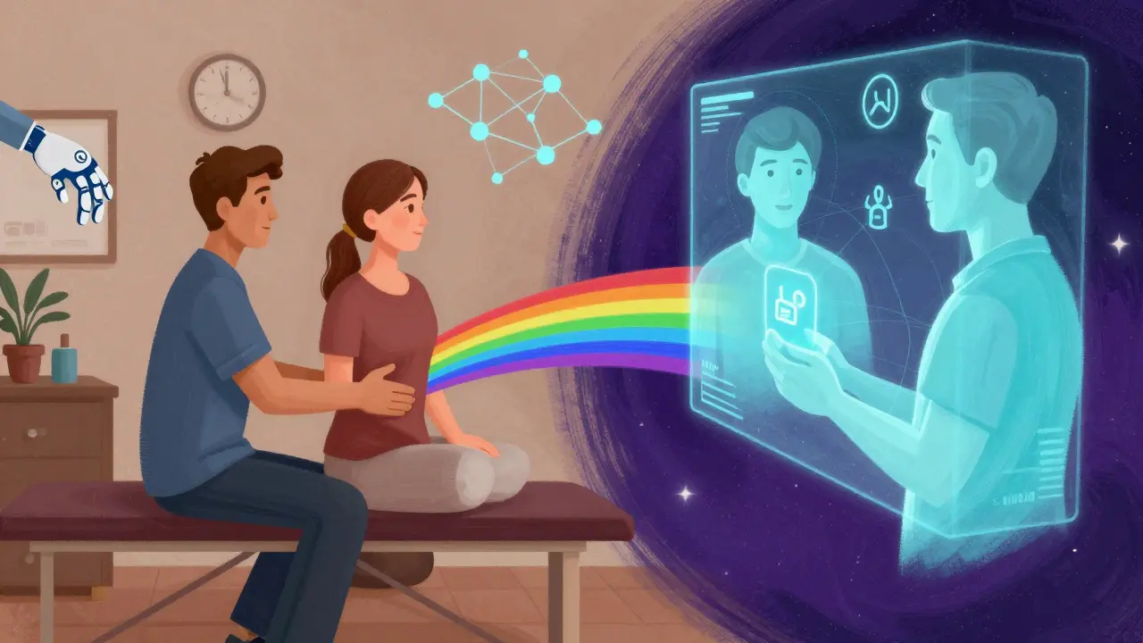 Propojení fyzického setkání a digitální komunikace duhovým mostem s abstraktními prvky umělé inteligence.