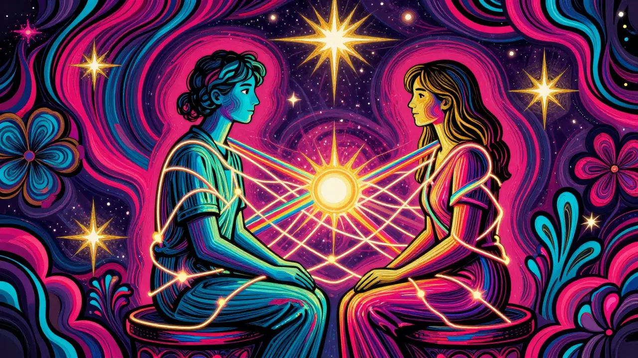 Terapeut a klient spojení duhovou nití ve stylu Peter Max