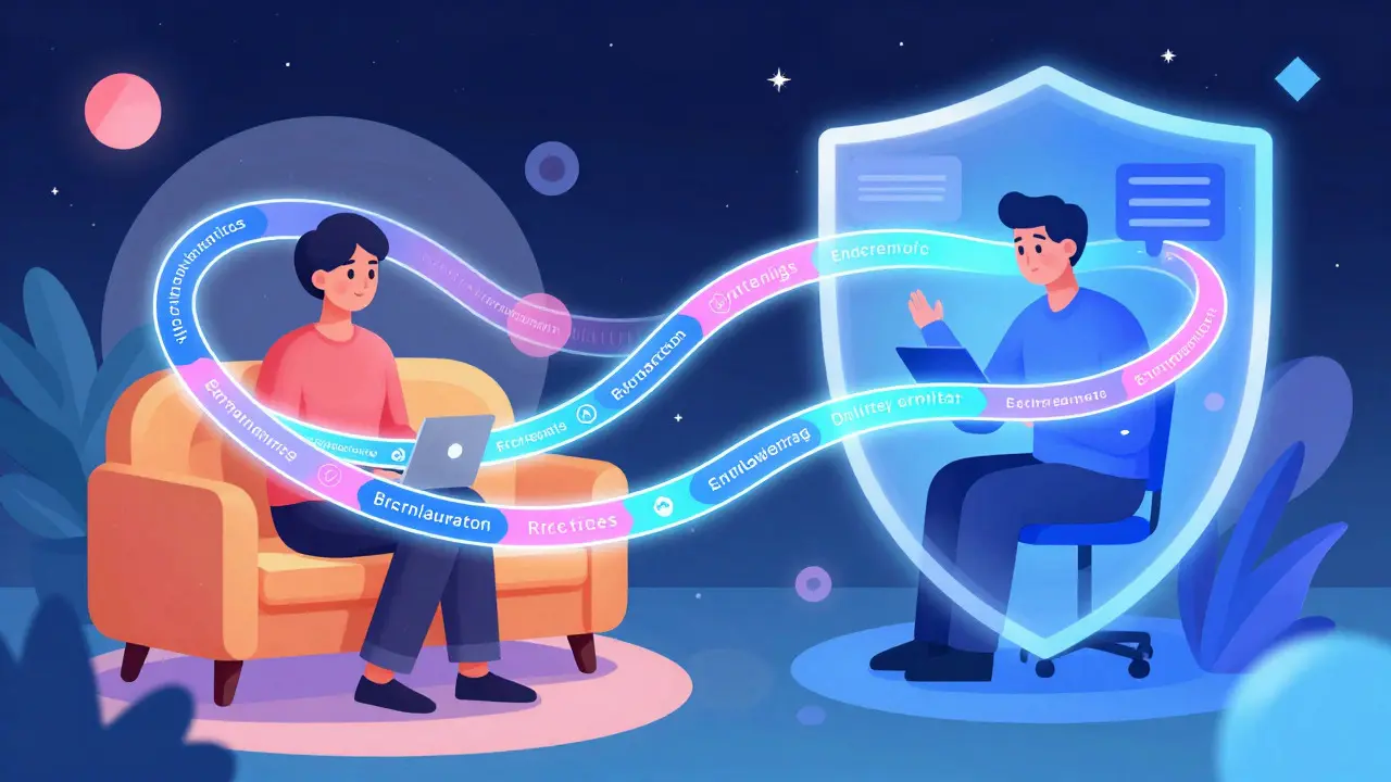 Abstraktní ilustrace bezpečné online komunikace mezi pacientem a specialistou