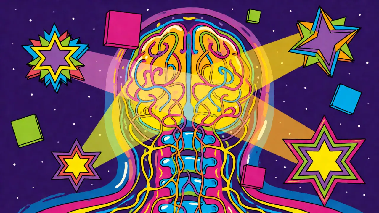 Abstraktní ilustrace mozkových drah obklopená geometrickými tvary představujícími různé úrovně kvalifikace terapeutů.