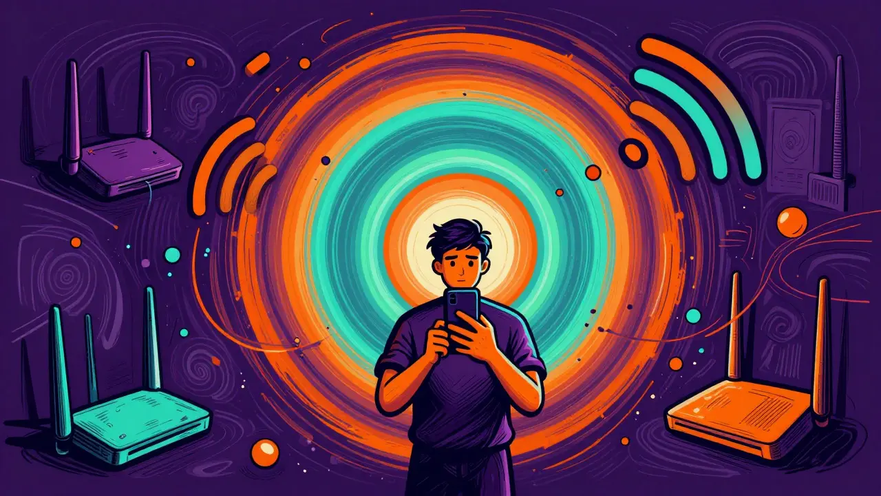 Abstraktní zobrazení rušení Wi-Fi signálu chaotickými barevnými vzory