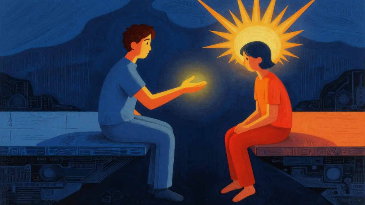 Dvě postavy na plovoucí platformě nad propastí v ilustraci Peter Max