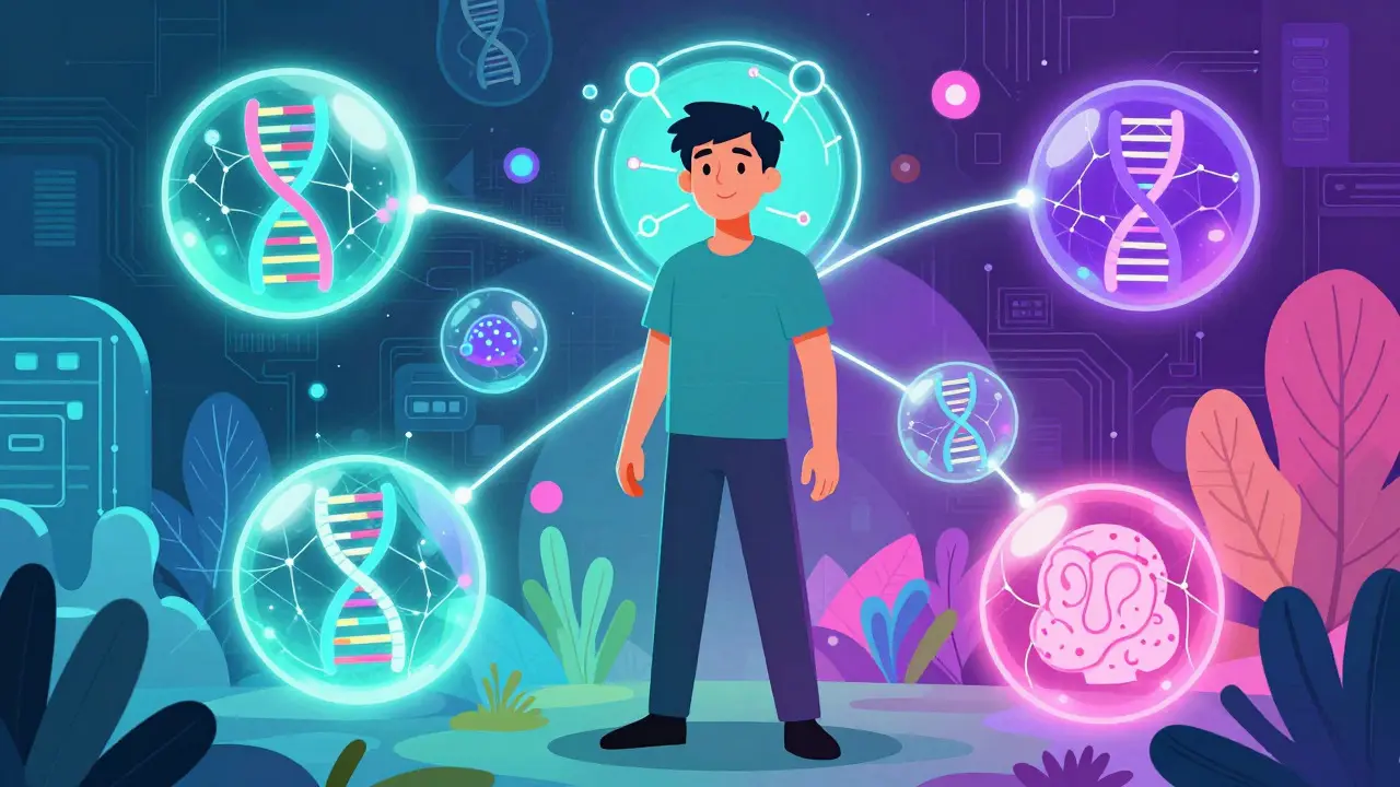 Ilustrace budoucnosti personalizované léčby deprese pomocí genetiky a technologií