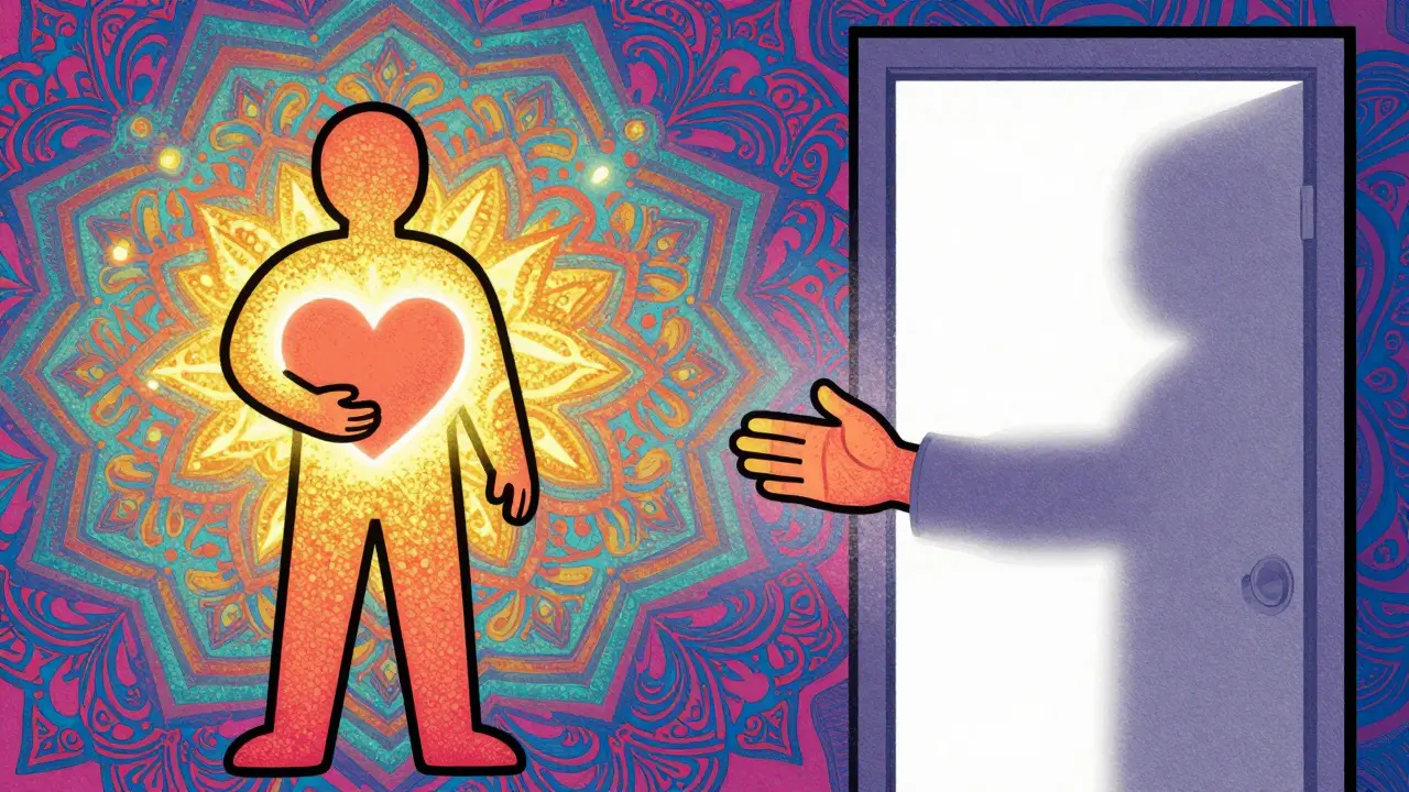 Ilustrace hranice mezi self-helpem a odbornou pomocí ve stylu Petera Maxe