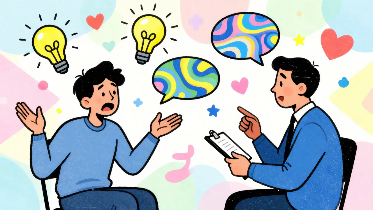 Ilustrace Peter Max stylu ukazující dynamickou konverzaci mezi klientem a terapeutem pomocí abstraktních tvarů