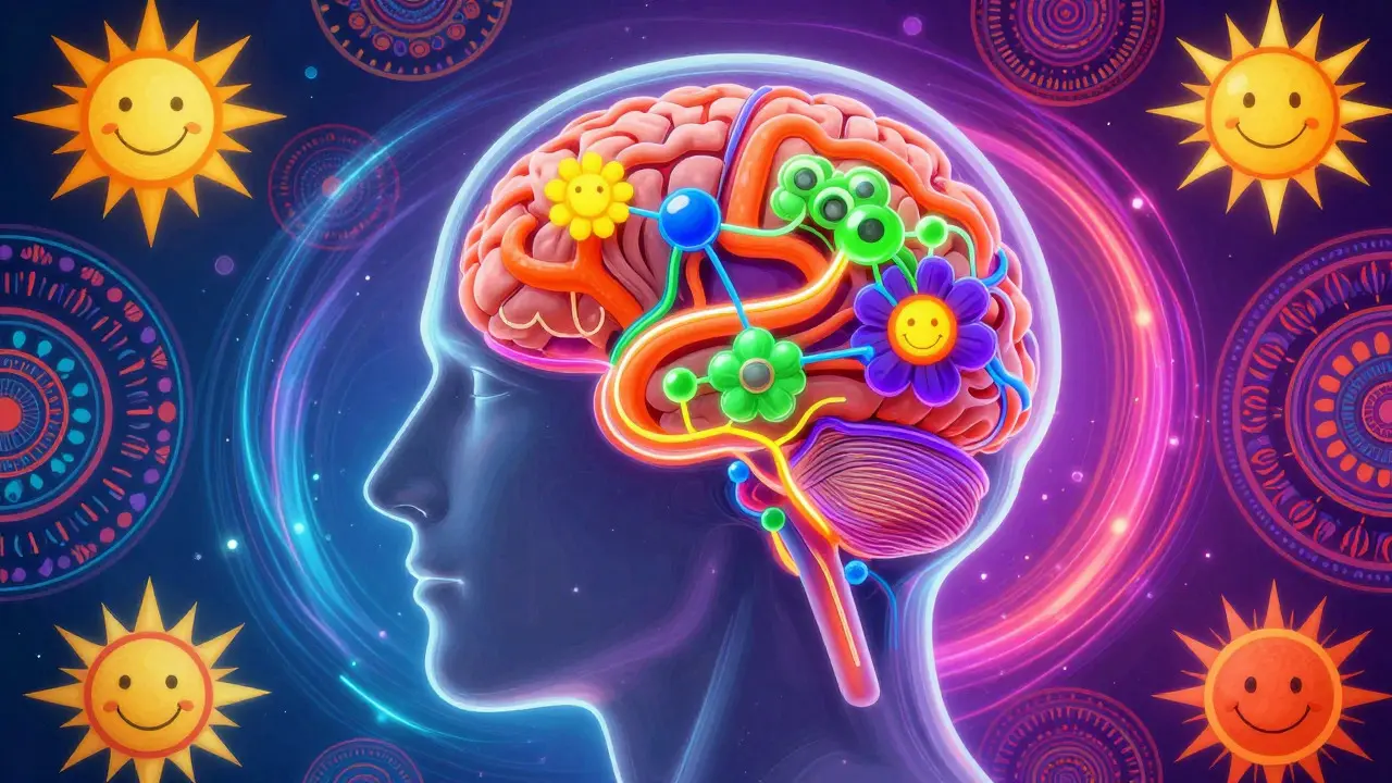 Kreativní vizualizace mozku a serotoninu v psychedelickém stylu