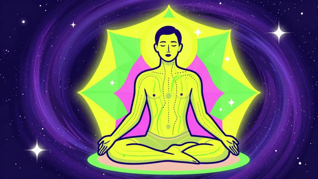 Meditující postava obklopená neonovými geometrickými tvary