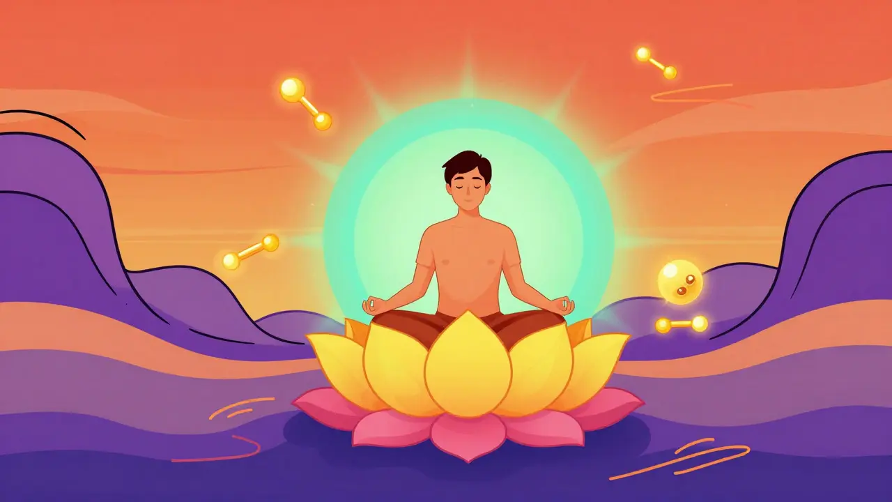 Peter Max ilustrace ukazující terapii a rovnováhu s meditací a molekulami serotoninu.
