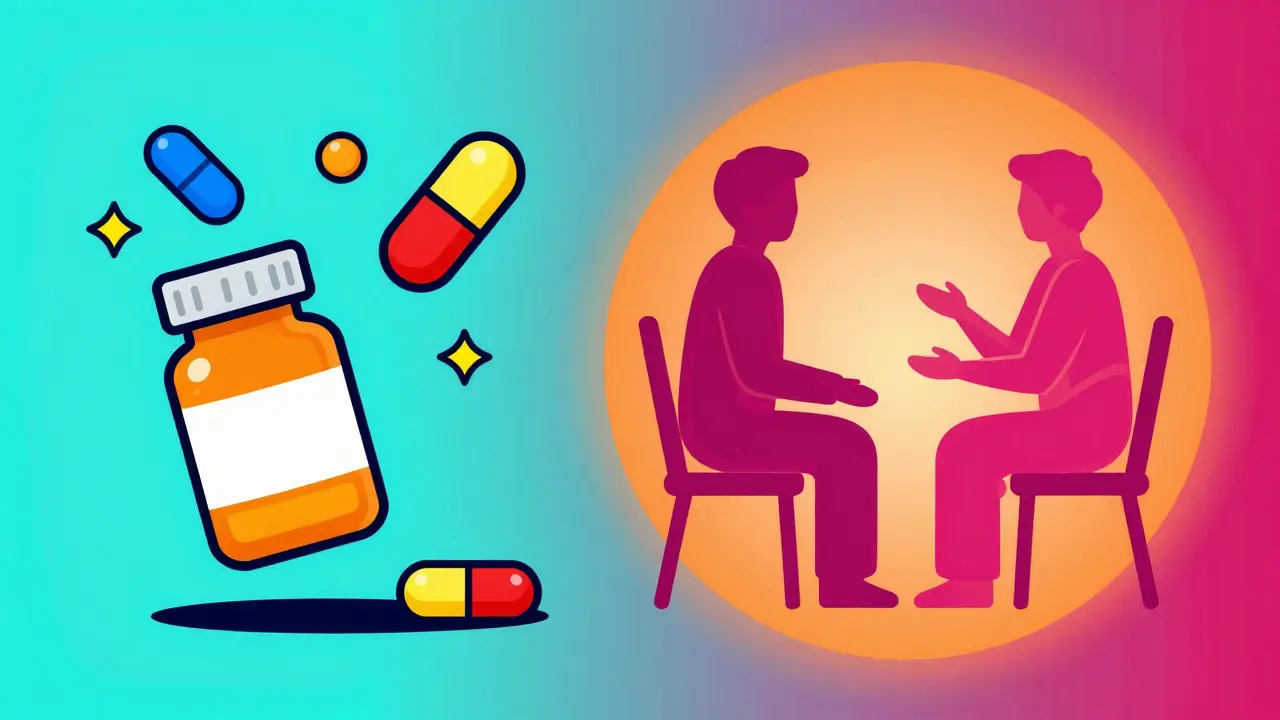 Porovnání léků a psychoterapie v retro grafickém stylu Peter Max