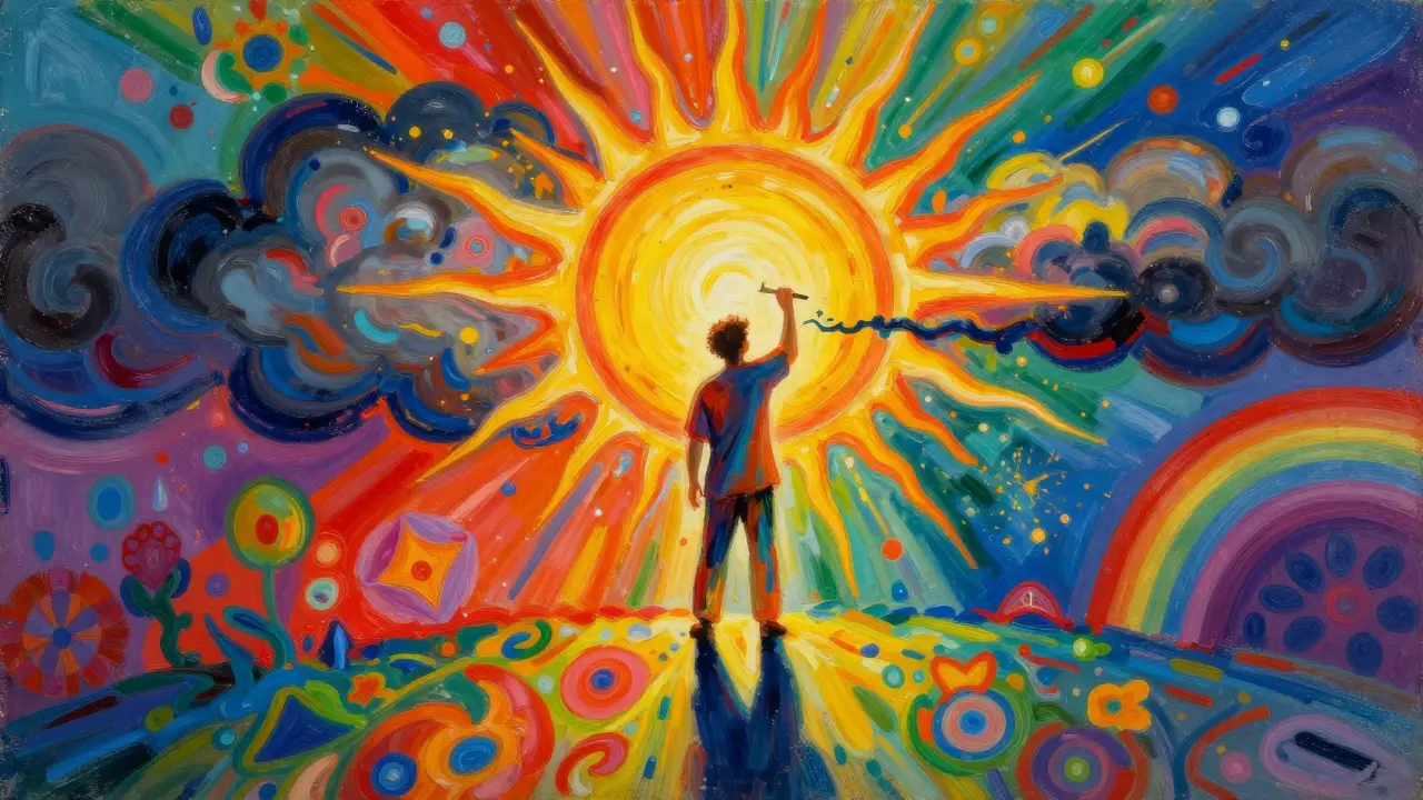 Postava malující zářící slunce prorážející mraky v stylu Peter Max