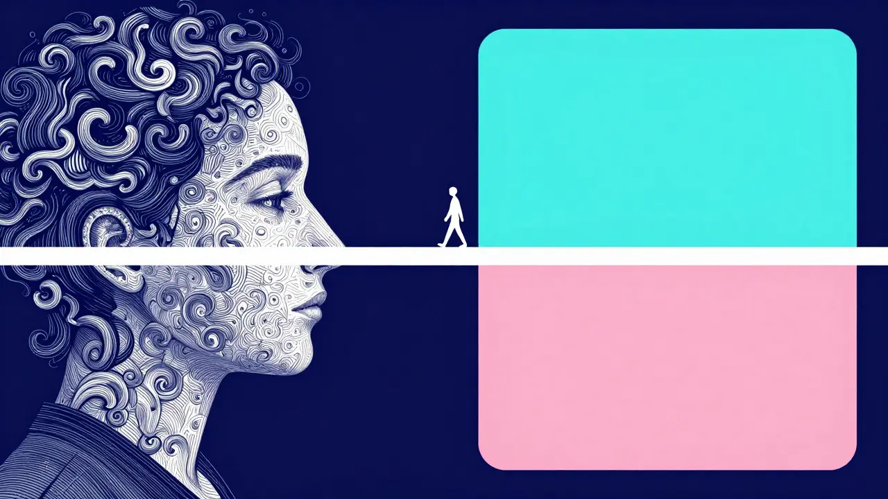 Symbolické zobrazení volby mezi online a osobní terapií v psychedelickém stylu