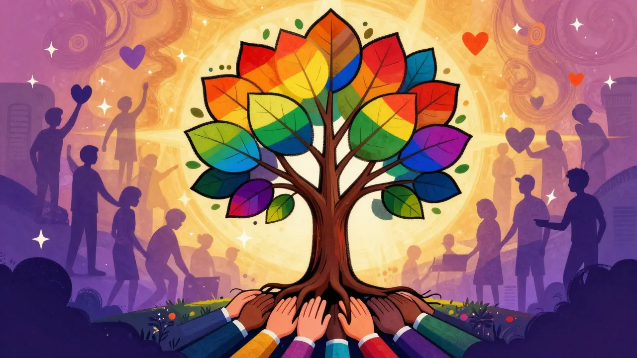 Symbolický strom růstu a podpory pro zaměstnávání autistů v psychedelickém stylu