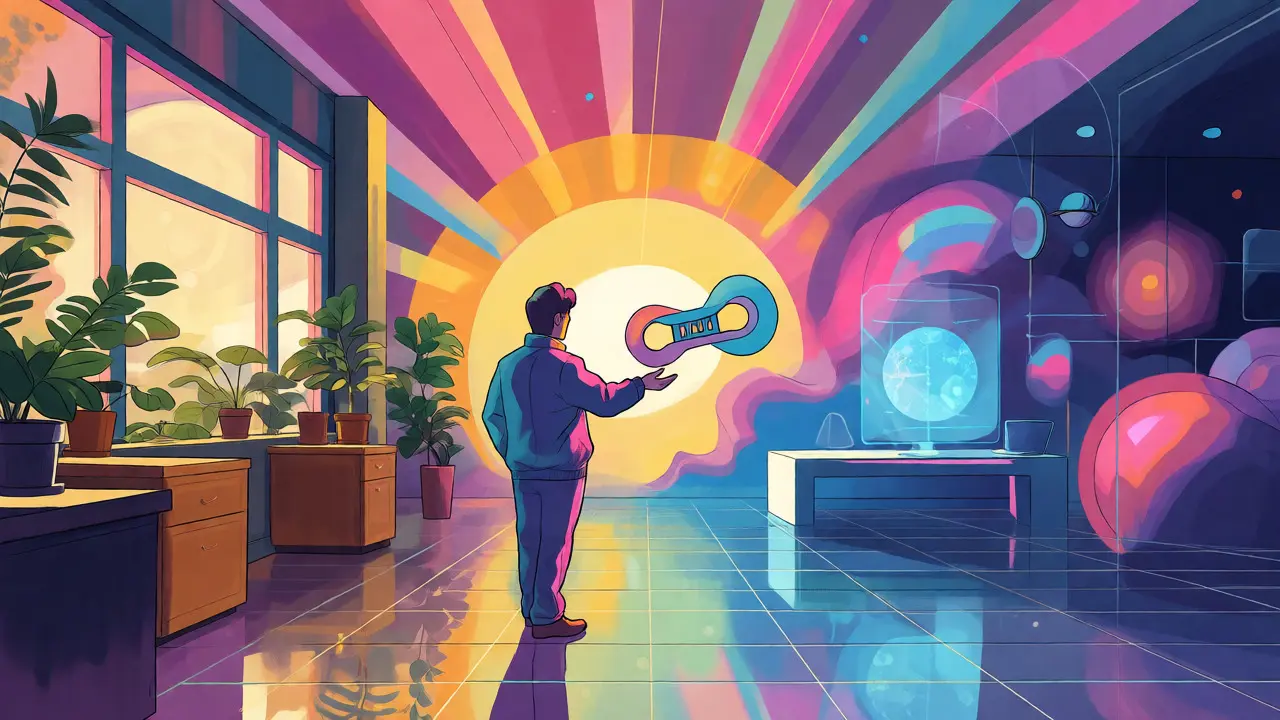 Barevná ilustrace spojující tradiční kancelář a digitální prostor jako symbol hybridní terapie.