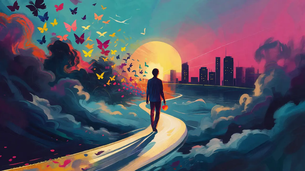 Barevná ilustrace v Peter Max stylu symbolizující uzdravení a návrat do života