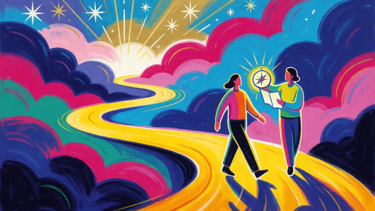 Cesta terapií jako jasná cesta s průvodcem v psychedelickém stylu