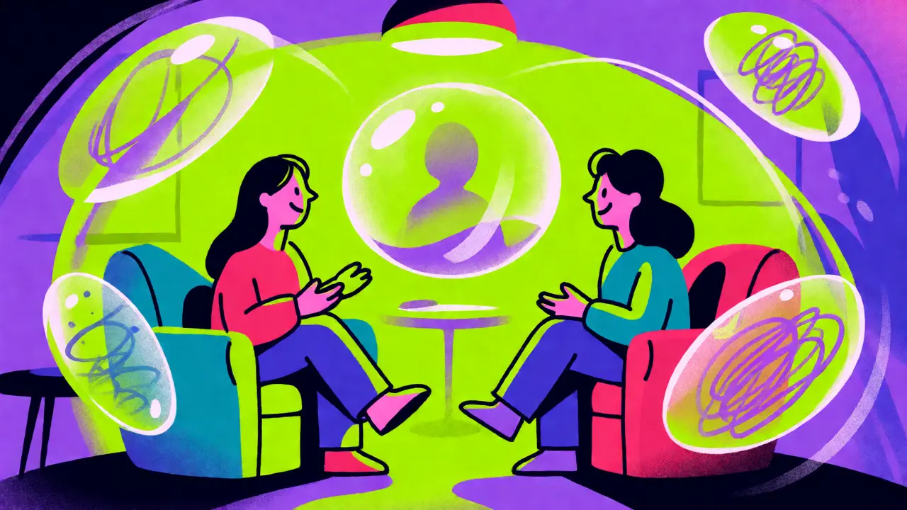 Ilustrace důvěry a bezpečí při psychoterapii v stylu Peter Max