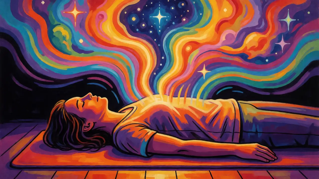 Ilustrace holotropního dýchání s barevnými vlnami energie kolem ležícího člověka