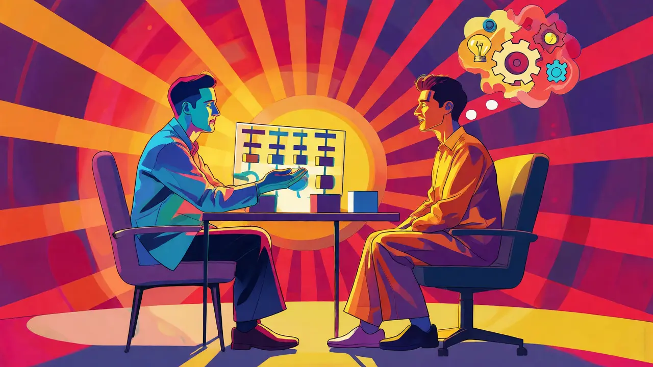 Ilustrace terapie se strukturovanými pomůckami v pestrých barvách