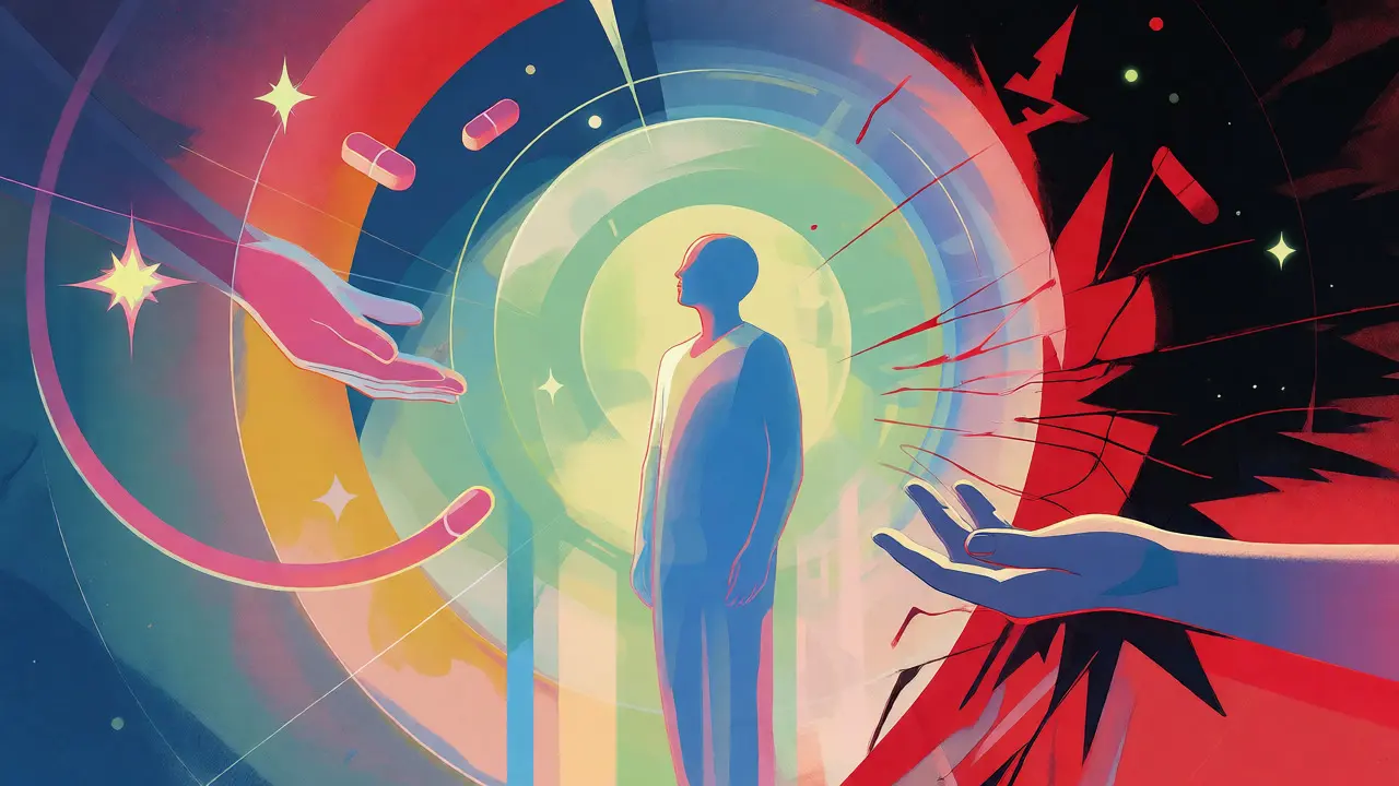 Ilustrace v Peter Max stylu ukazující bezpečí a stabilizaci během hospitalizace