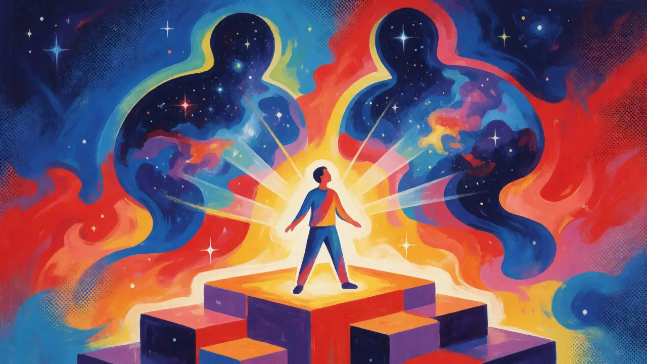 Junior terapeut pod dohledem zkušenějších figur represented as cosmic guardians in Peter Max art style.