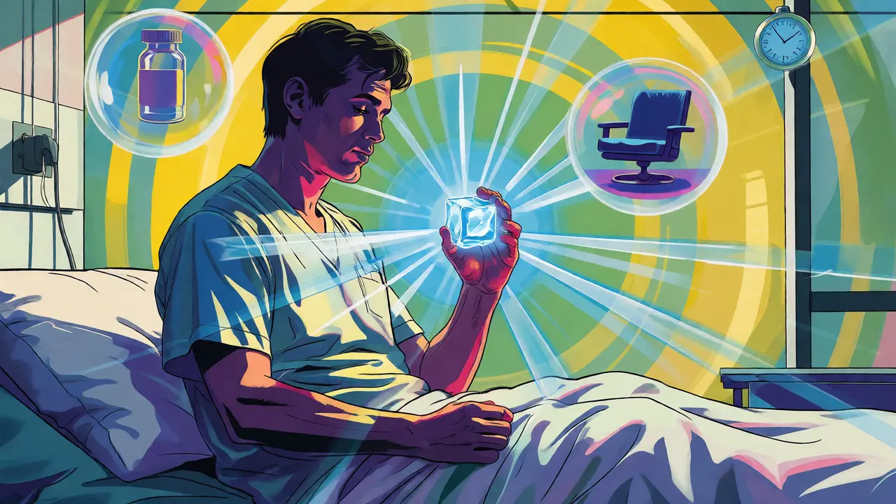 Konceptuální ilustrace pacienta držícího ledovou kostku pro uzemnění, obklopeného symboly léčby a stability.