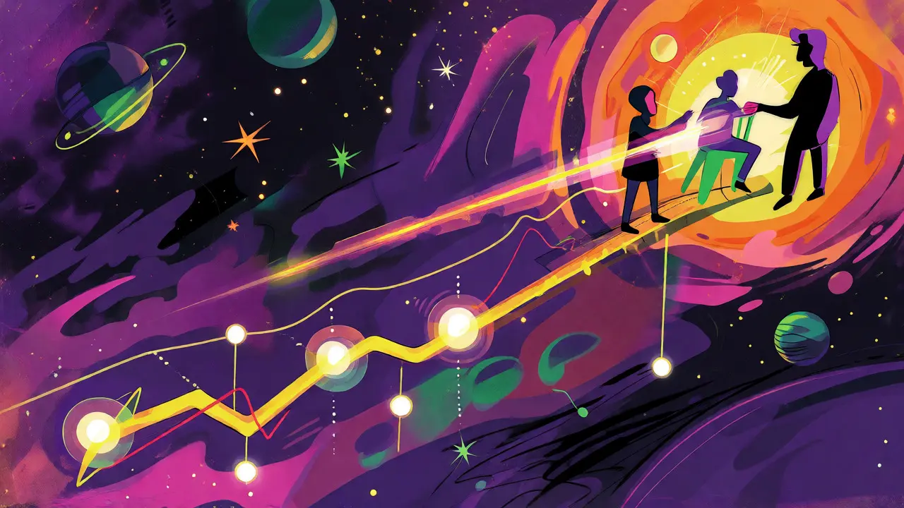Psychedelická ilustrace stoupajícího grafu pokroku a propojení terapeuta s klientem pomocí světelného paprsku.